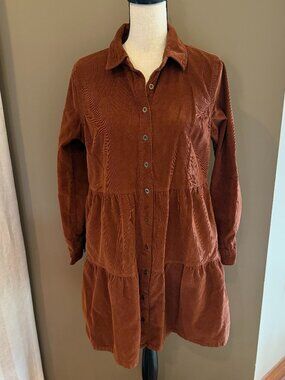 Beautiful terracotta corduroy ruffled hem shirt dress, Size Medium Petite